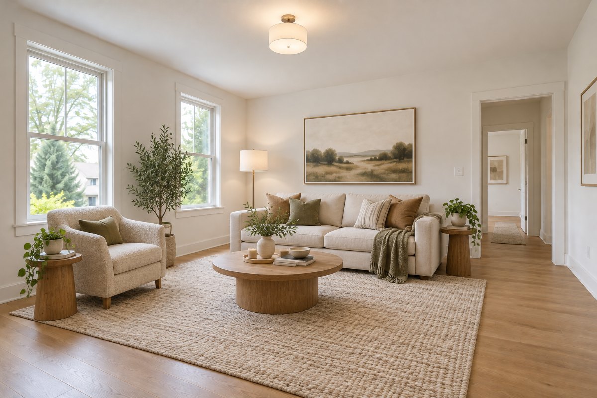 AI virtual staging result showing a furnished living room concept