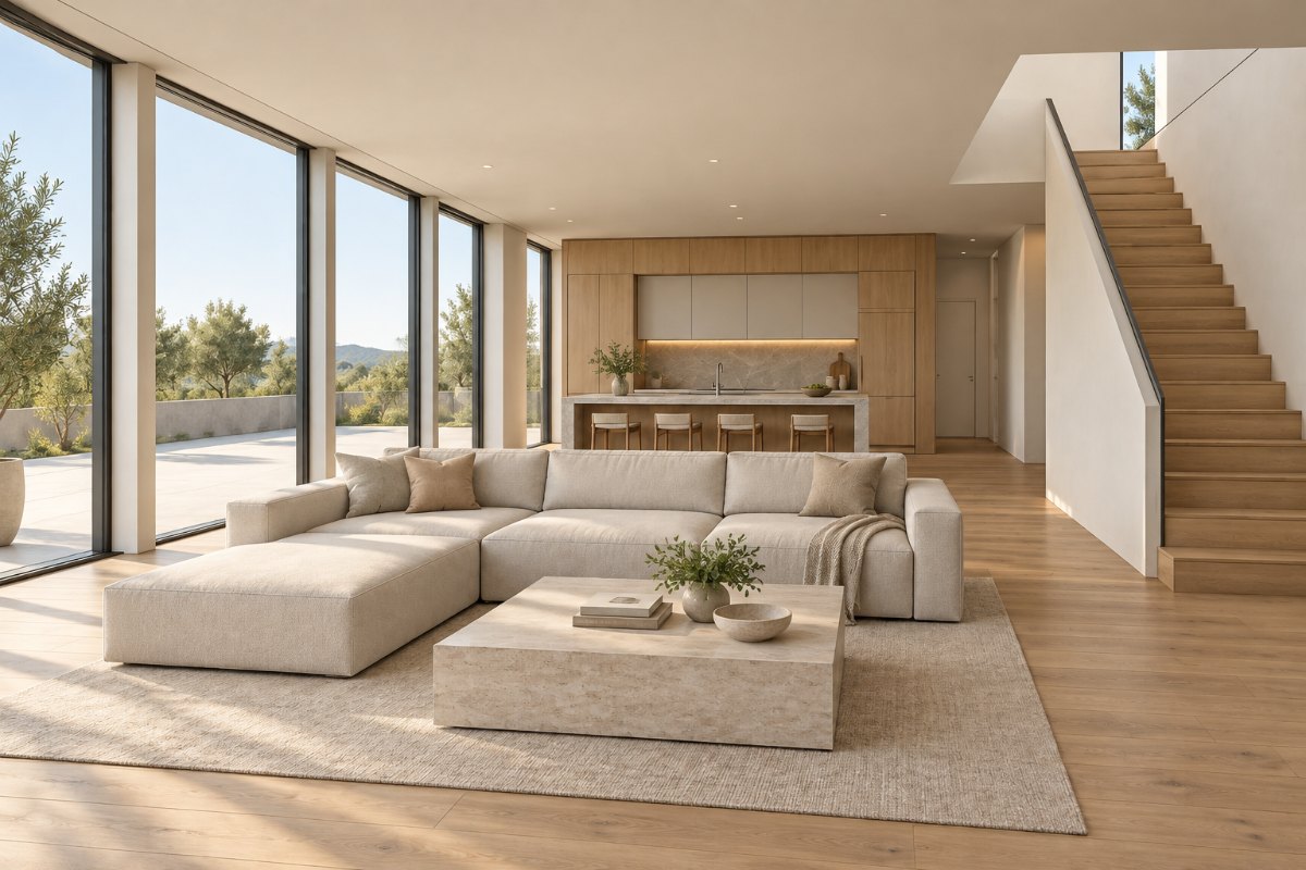 Realistic interior concept generated from a white-model screenshot