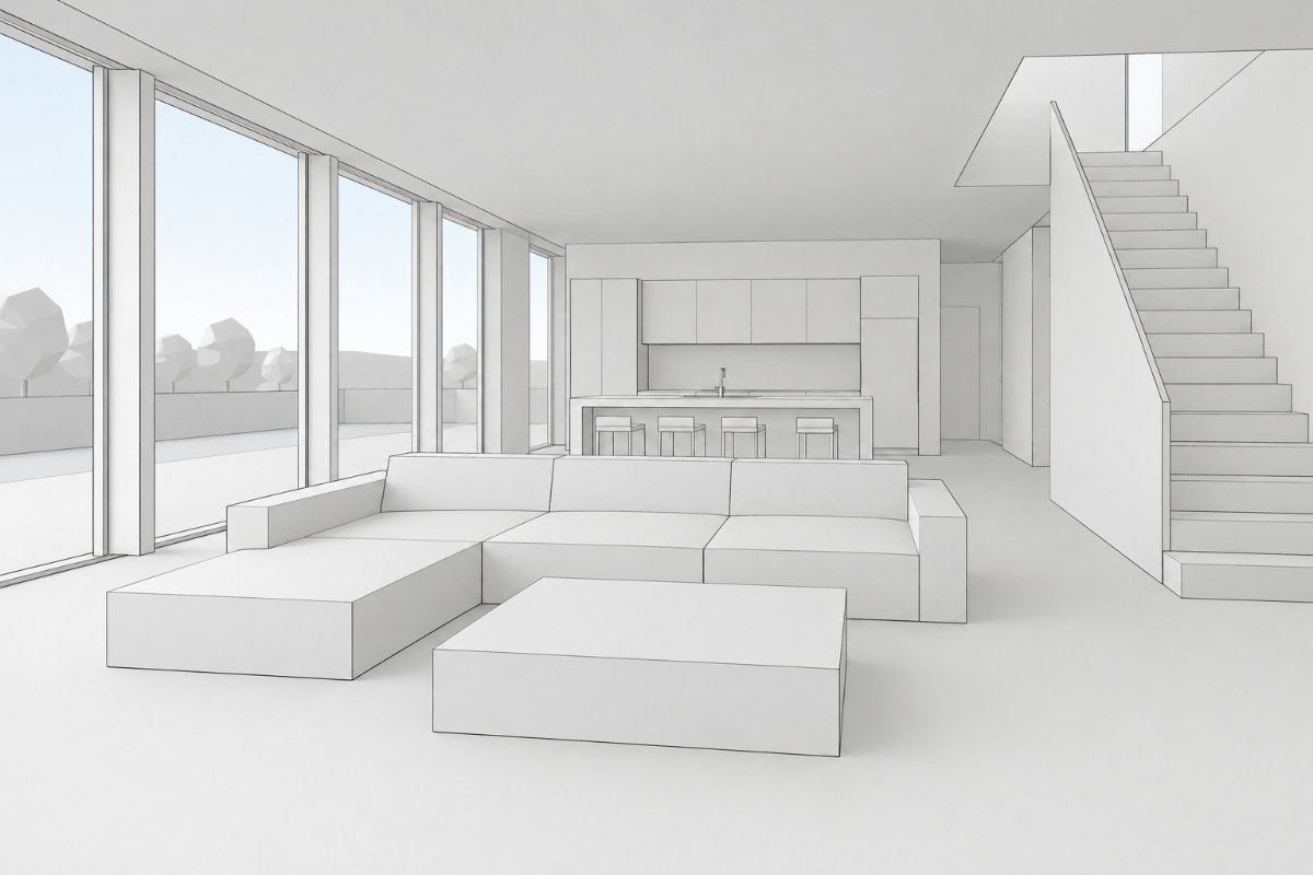 Interior white-model screenshot uploaded for AI rendering